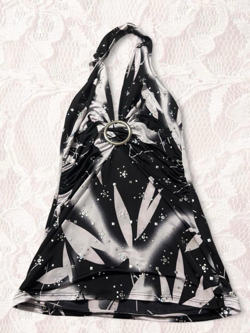 Kiwi Black and White Halter Tank Top with Ring Detail